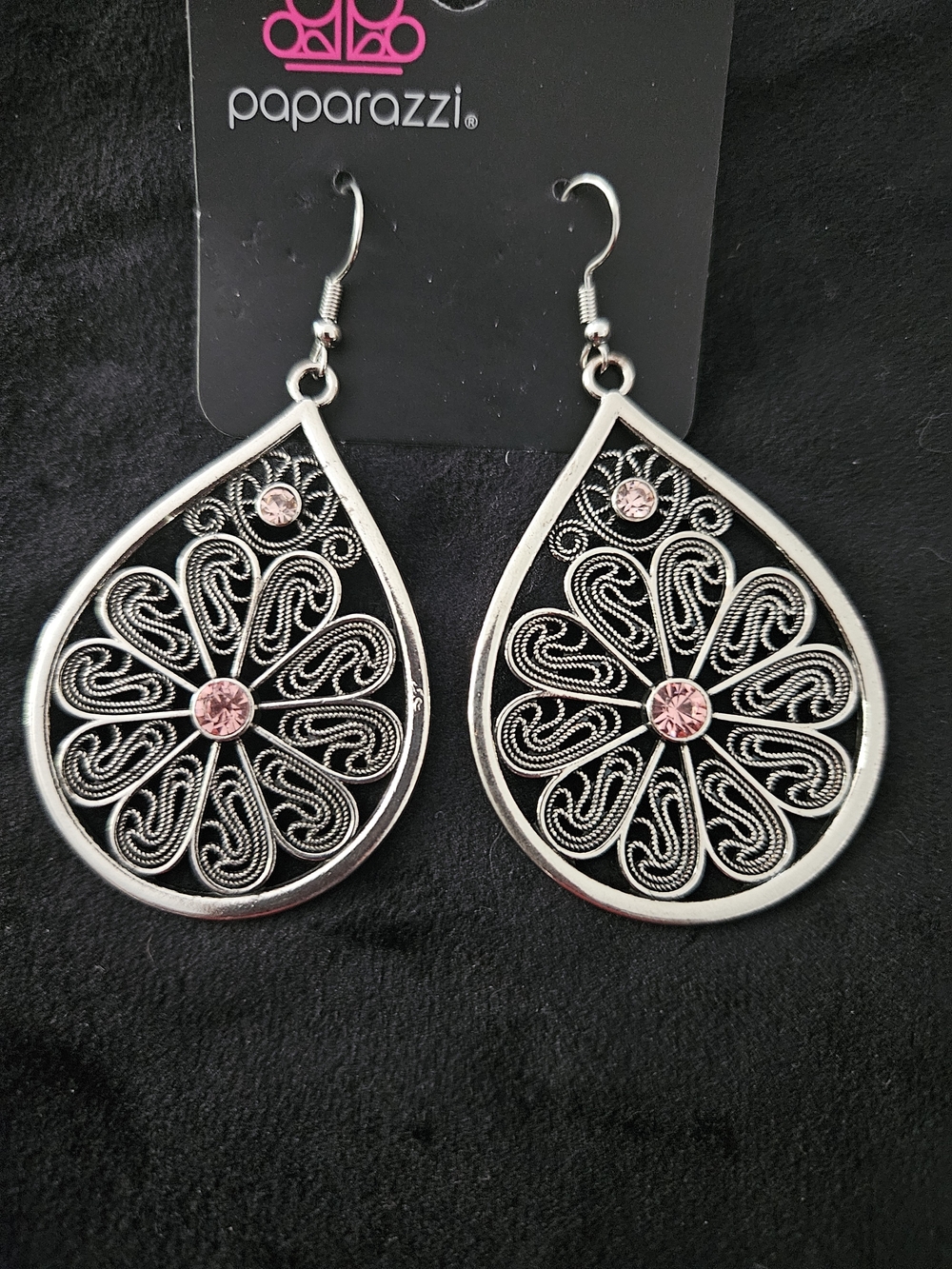 paparazzi Silver Teardrop Filigree Earrings with Pink Accents
